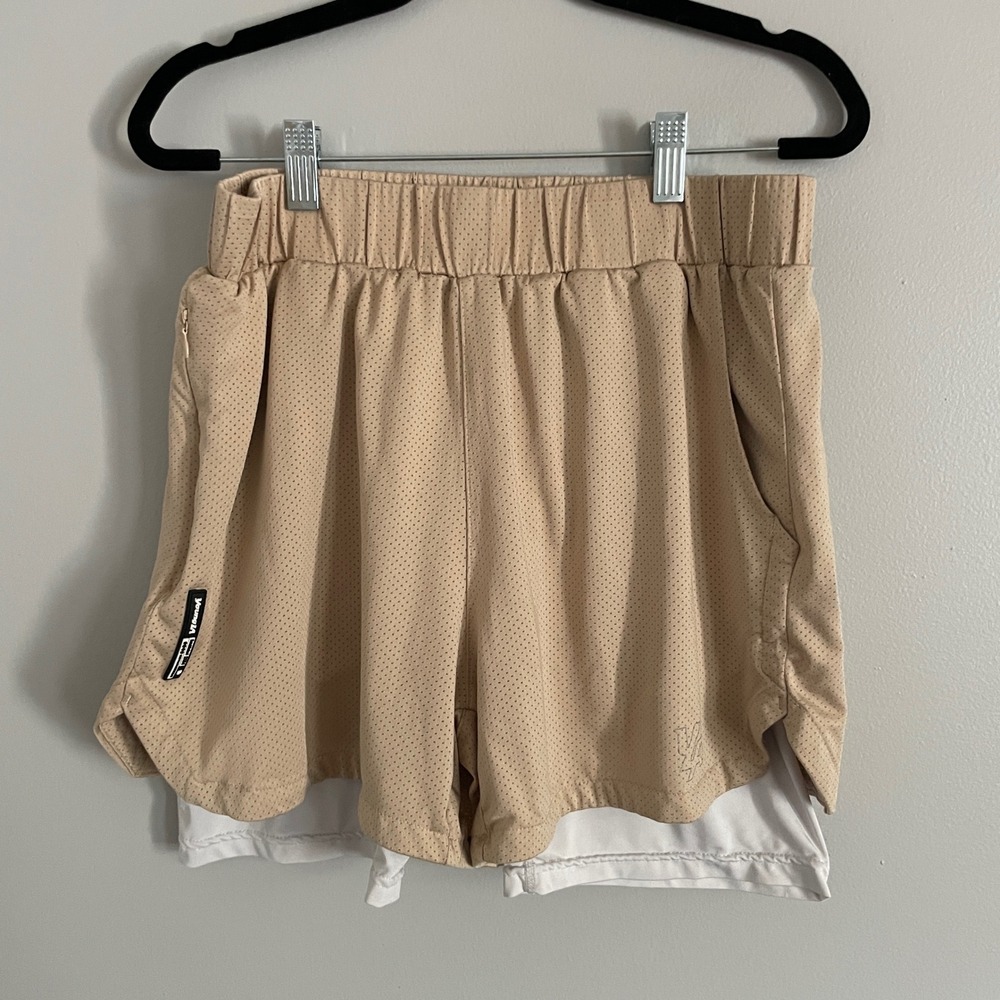 YoungLA 2-in-1 Mesh Athletic Shorts Mens Large Tan White Gym Sporty